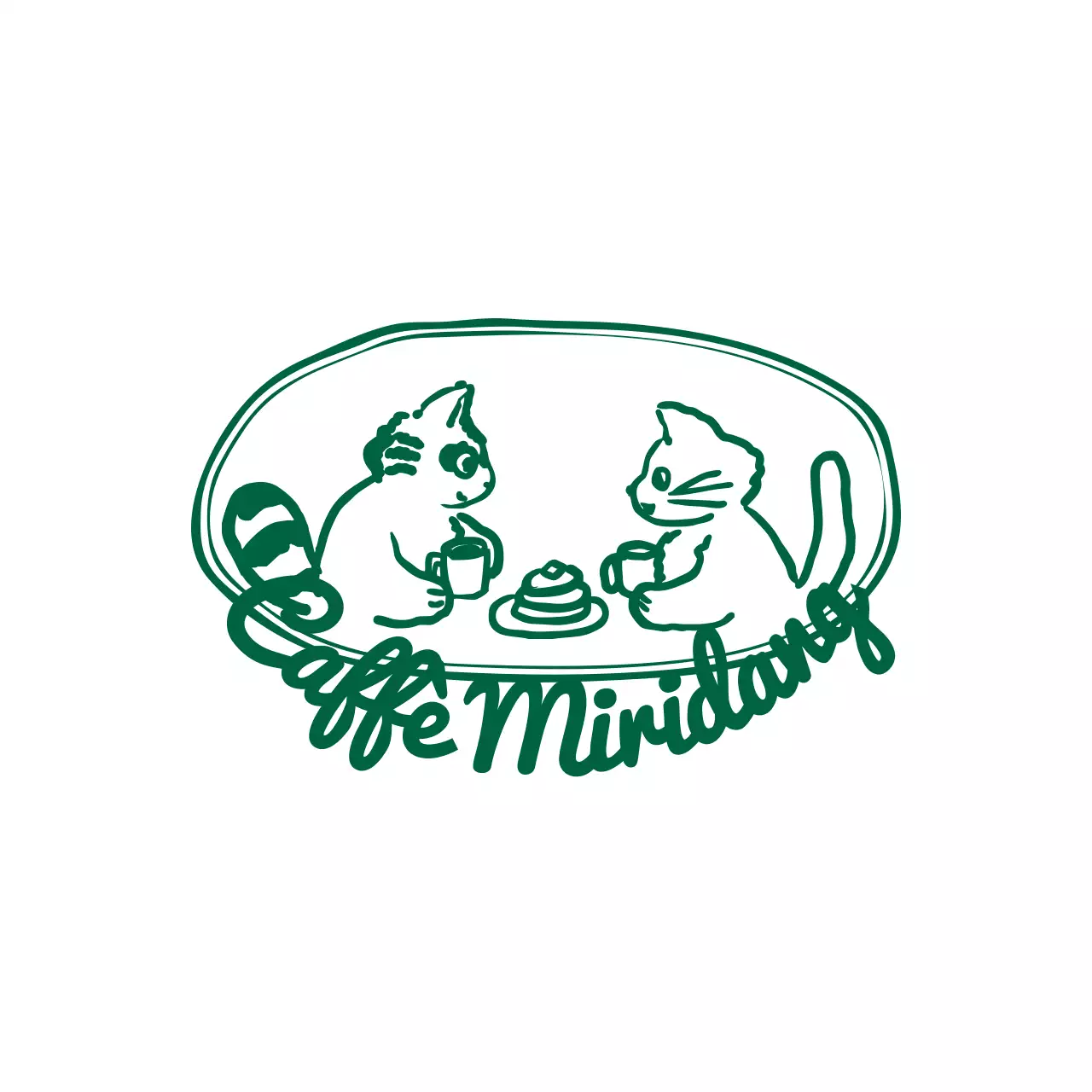 Logo illustrativo dell'ora del tè di un simpatico procione e di un gatto in verde