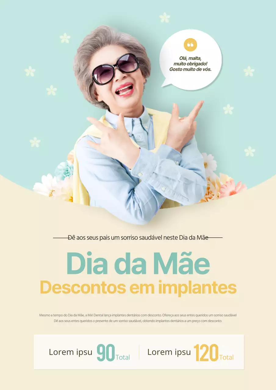 Venda de implantes para o Dia da Mãe com fotografias sorridentes em amarelo e azul claro