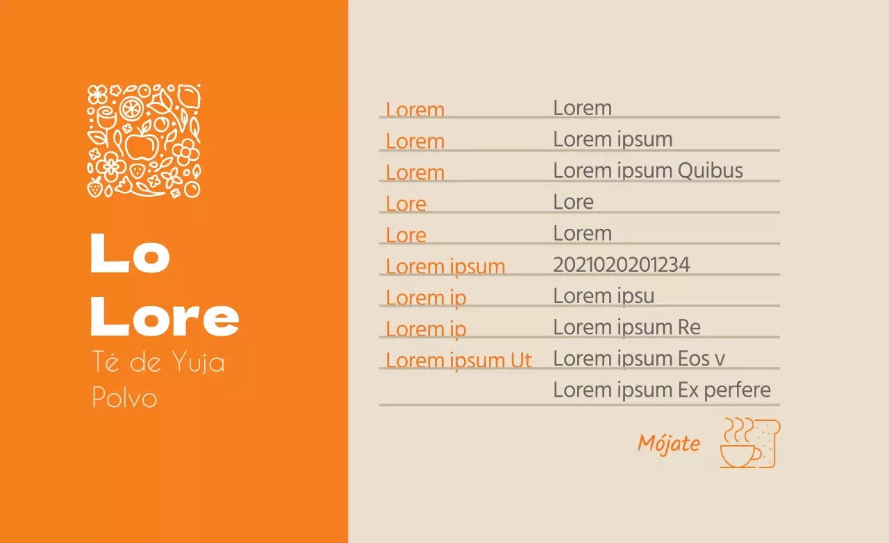 Naranja logotipo aseado alimentos té yuzu en polvo detalle etiqueta