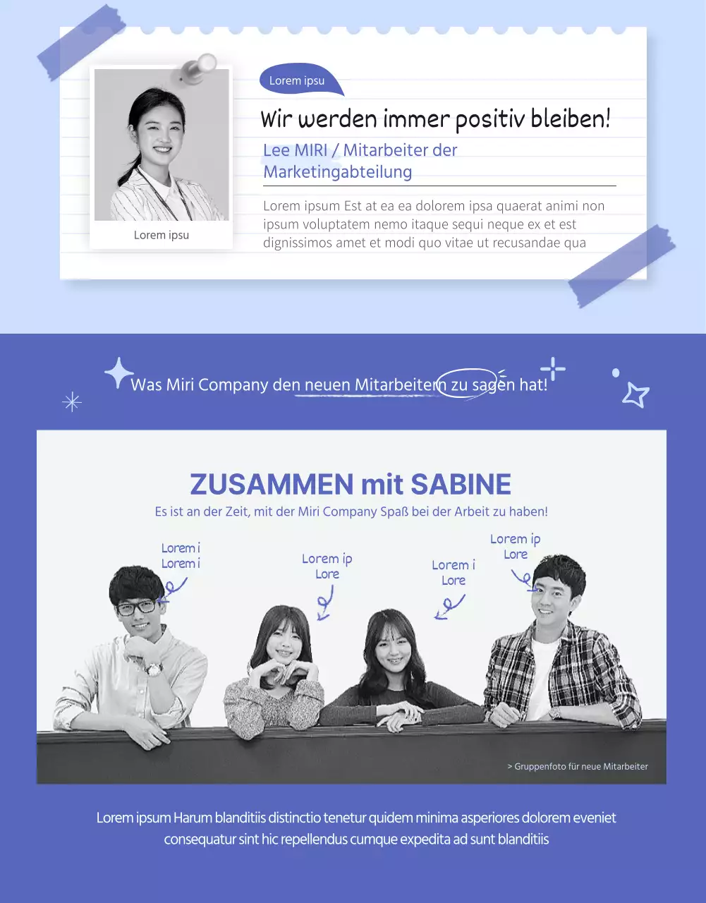 Eine übersichtliche, blau gefärbte Detailseite für neue Mitarbeiter
