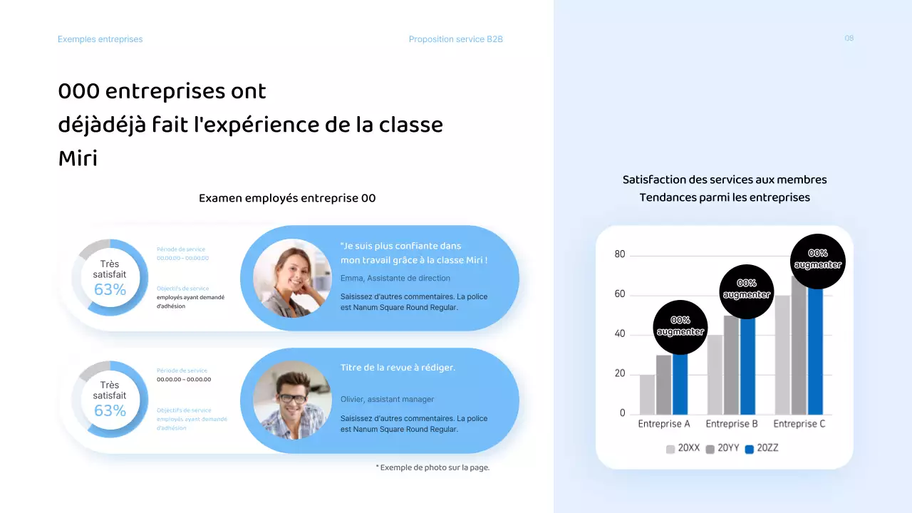 Présentation d'une proposition de services commerciaux avec une palette de couleurs bleu clair