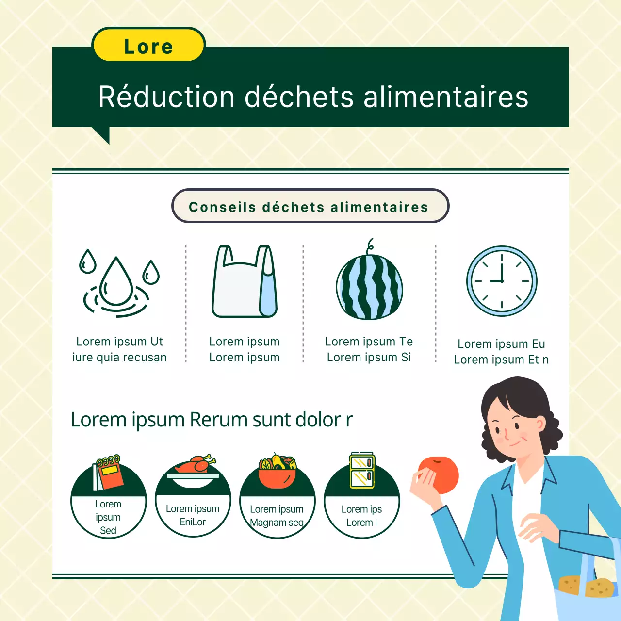 Conseils illustrés jaunes et verts sur les déchets alimentaires