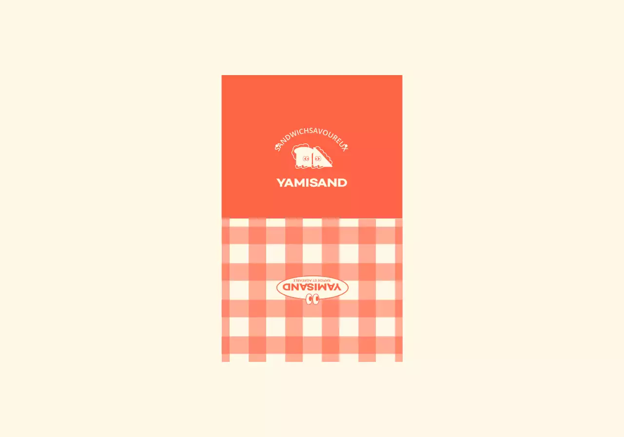 Une sandwicherie avec un motif à carreaux rouges et jaunes et des personnages mignons.