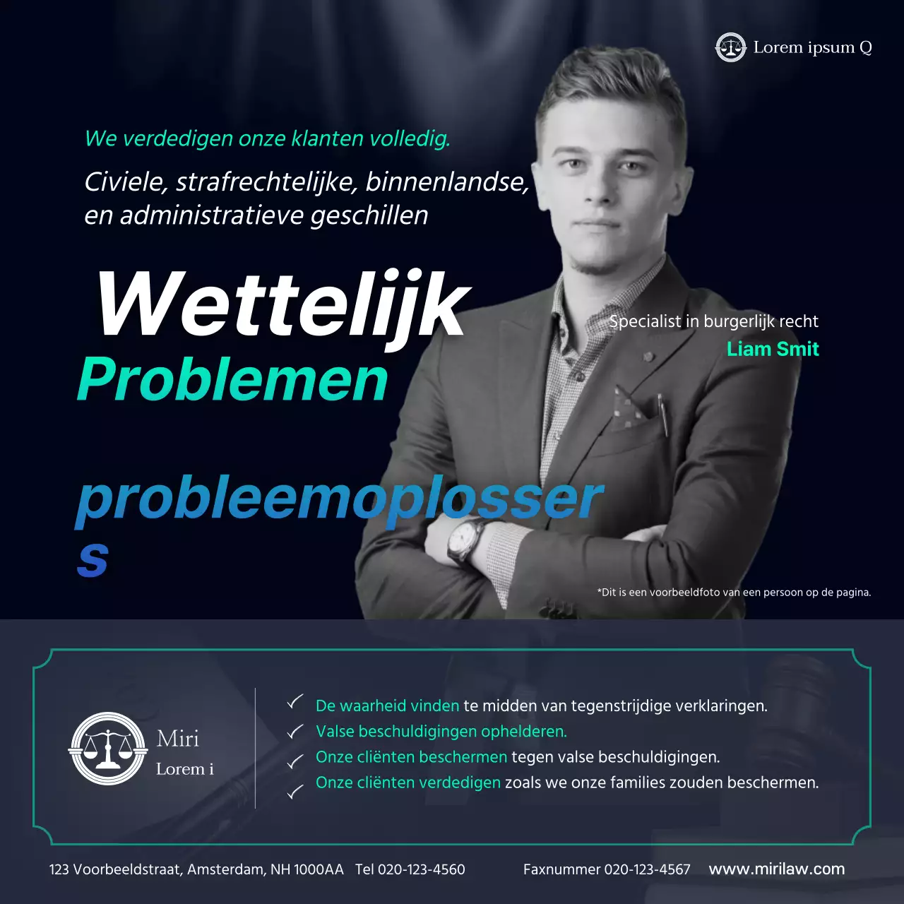 Modern, eenvoudig advocatenthema in lichtblauw en marineblauw