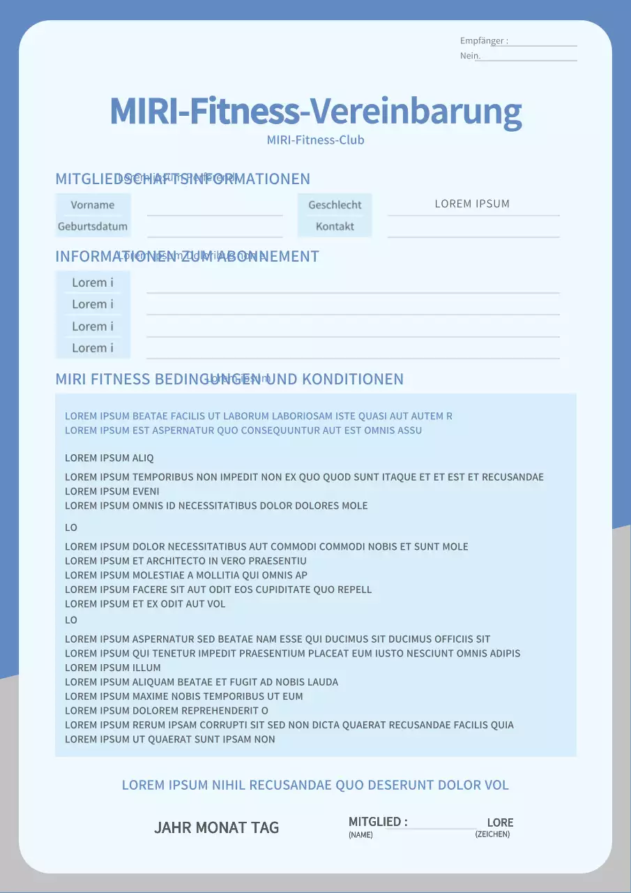 Saubere Business-Vorlage Fitness-Vertrag in blau und grau