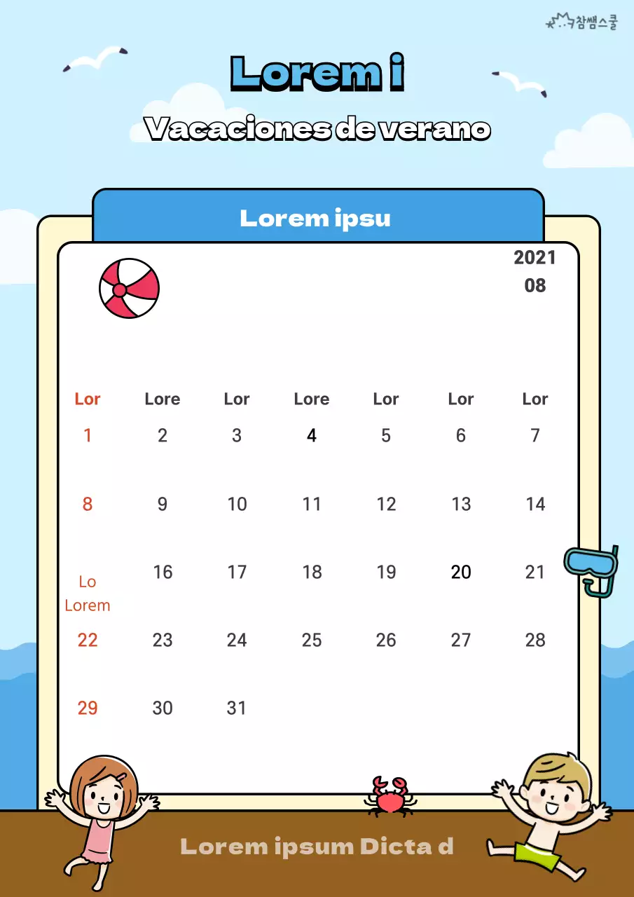 Planificador de vacaciones de verano con concepto de playa en azul claro