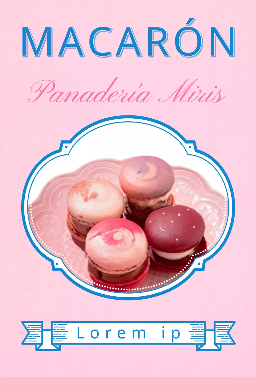 Café Macaron con un título en rosa y azul