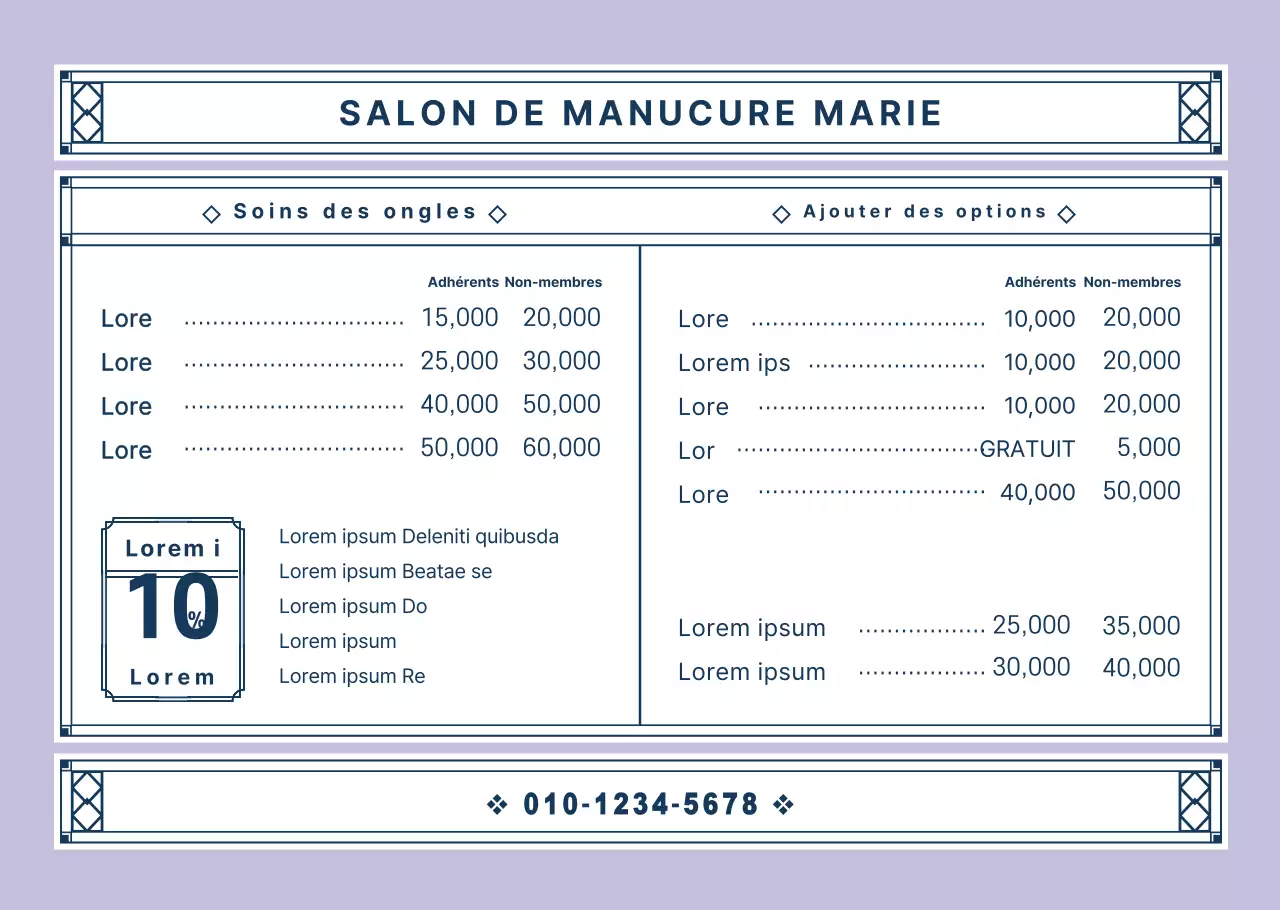 Tableau de menu Nail Art dans un cadre décoratif vintage