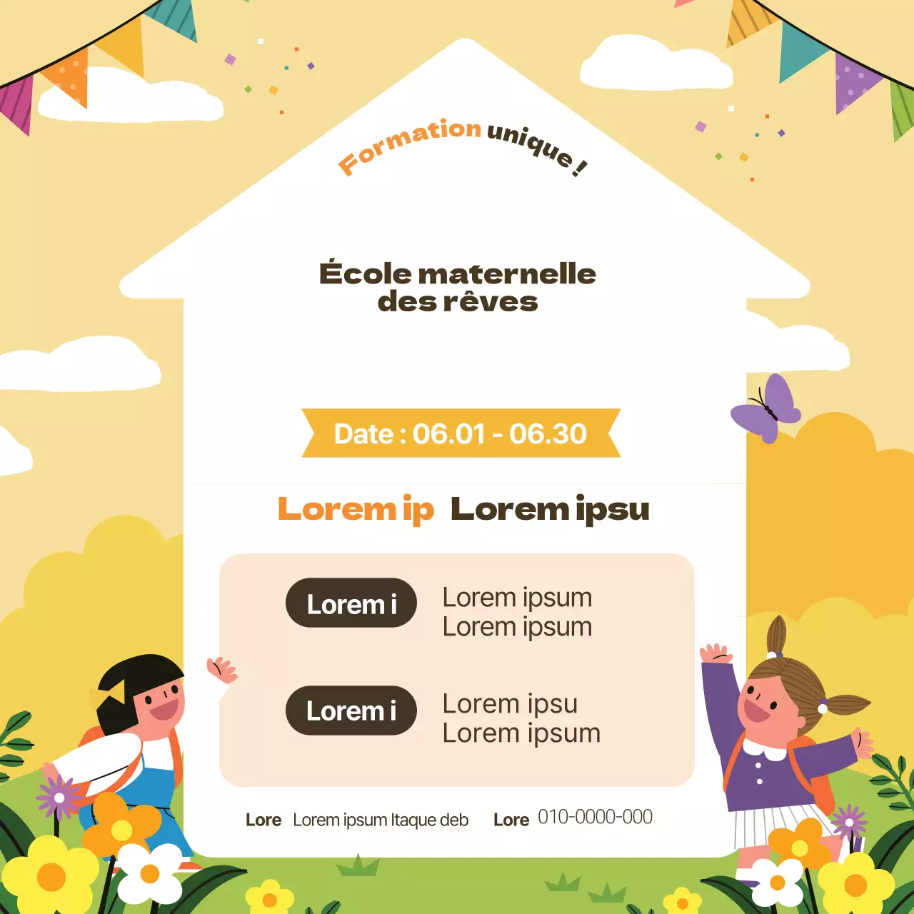 Illustration jaune, jardin d'enfants mignon, promotion du recrutement