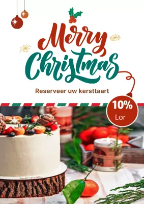 Promoot een jubileumkorting vooraf met een foto van een rode en groene kersttaart