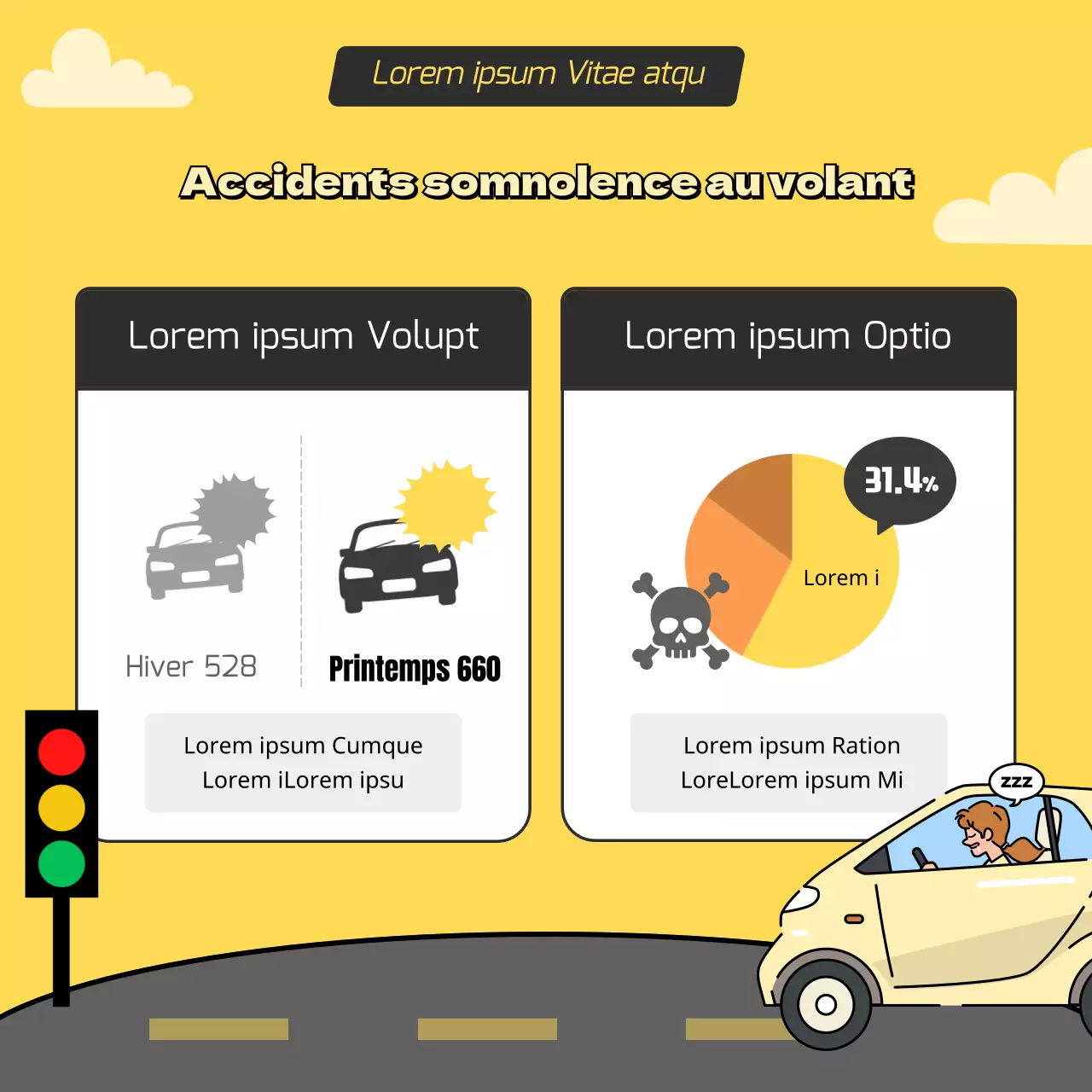 Illustration de la conduite en état de somnolence en jaune et gris