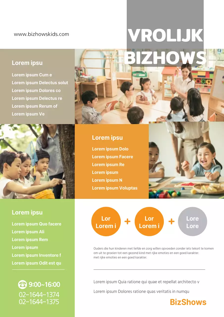 Beschrijf en promoot je kinderdagverblijf met oranje en groene foto's van kinderen