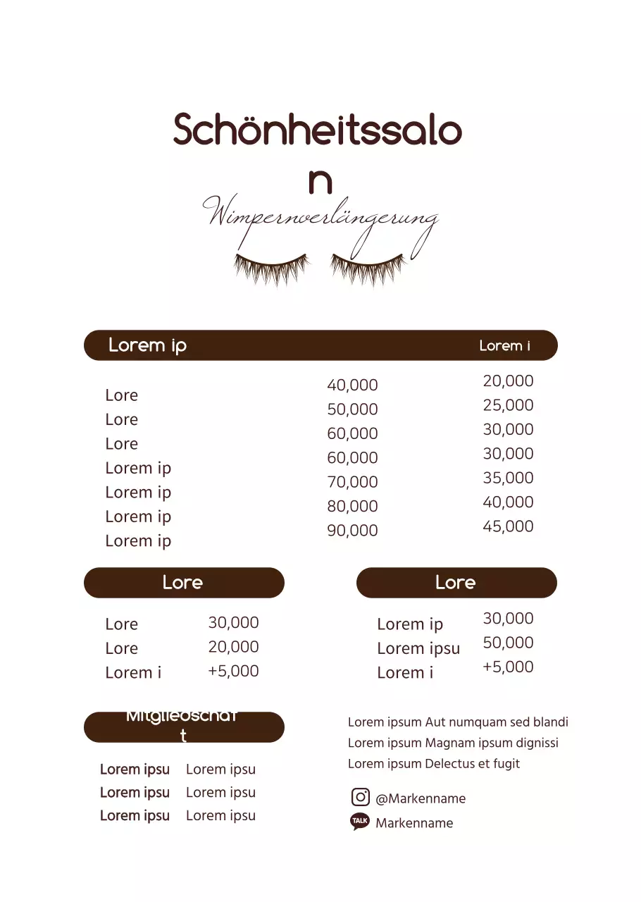 Die Speisekarte bei Brown's Basic Style Eyelash Extensions.