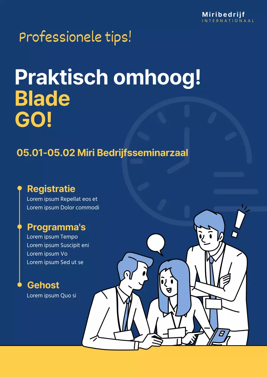 Marineblauwe en gele webposter met messentips voor professionals