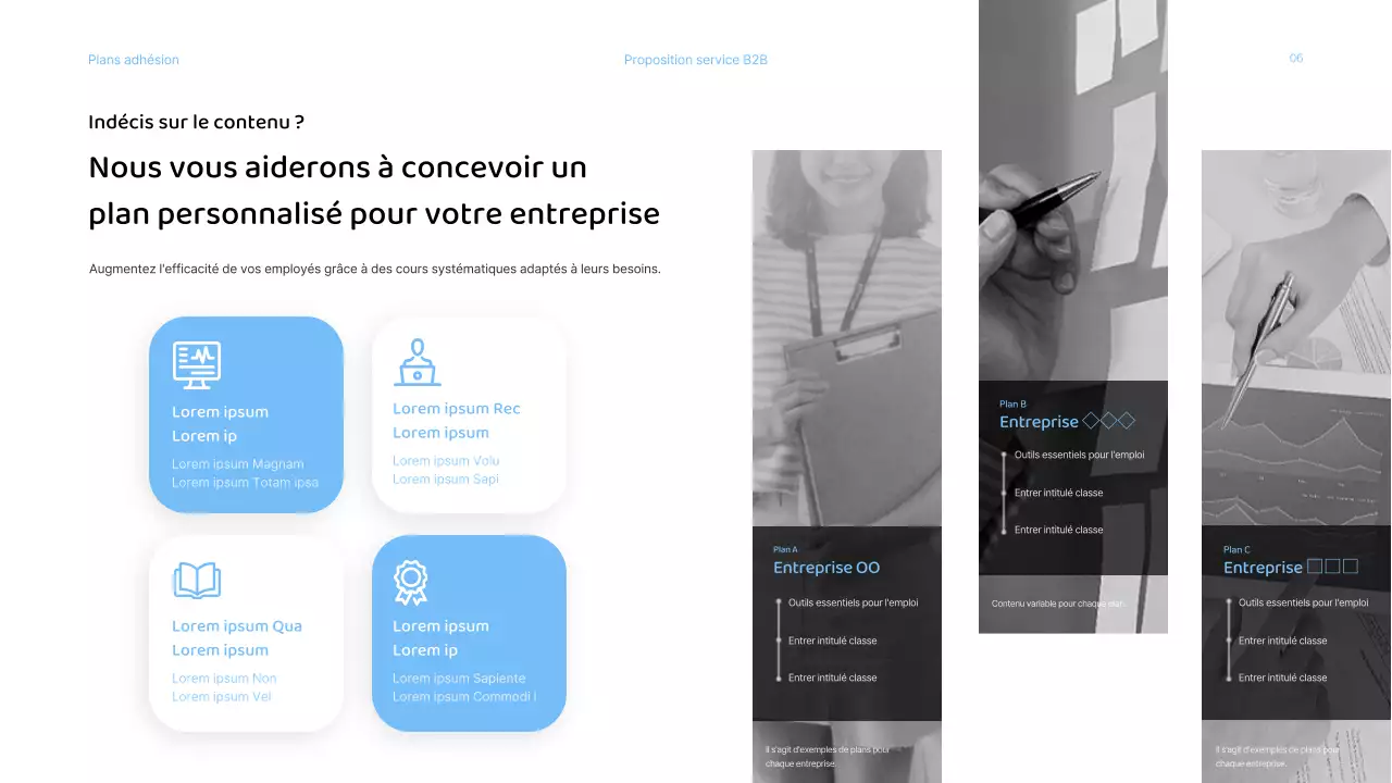 Présentation d'une proposition de services commerciaux avec une palette de couleurs bleu clair