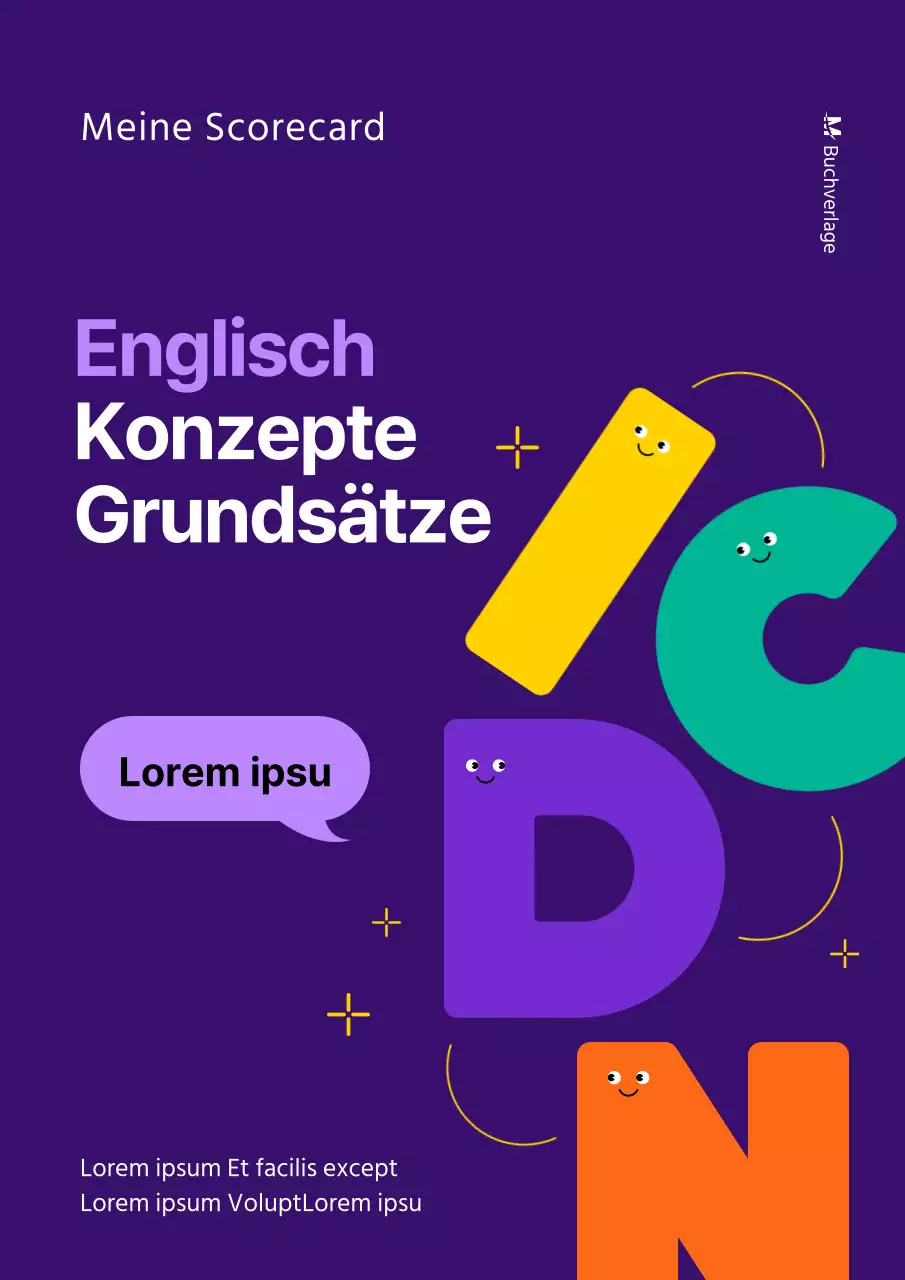 Ordentliches englisches Fragebuch mit lilafarbener Buchstabenhervorhebung