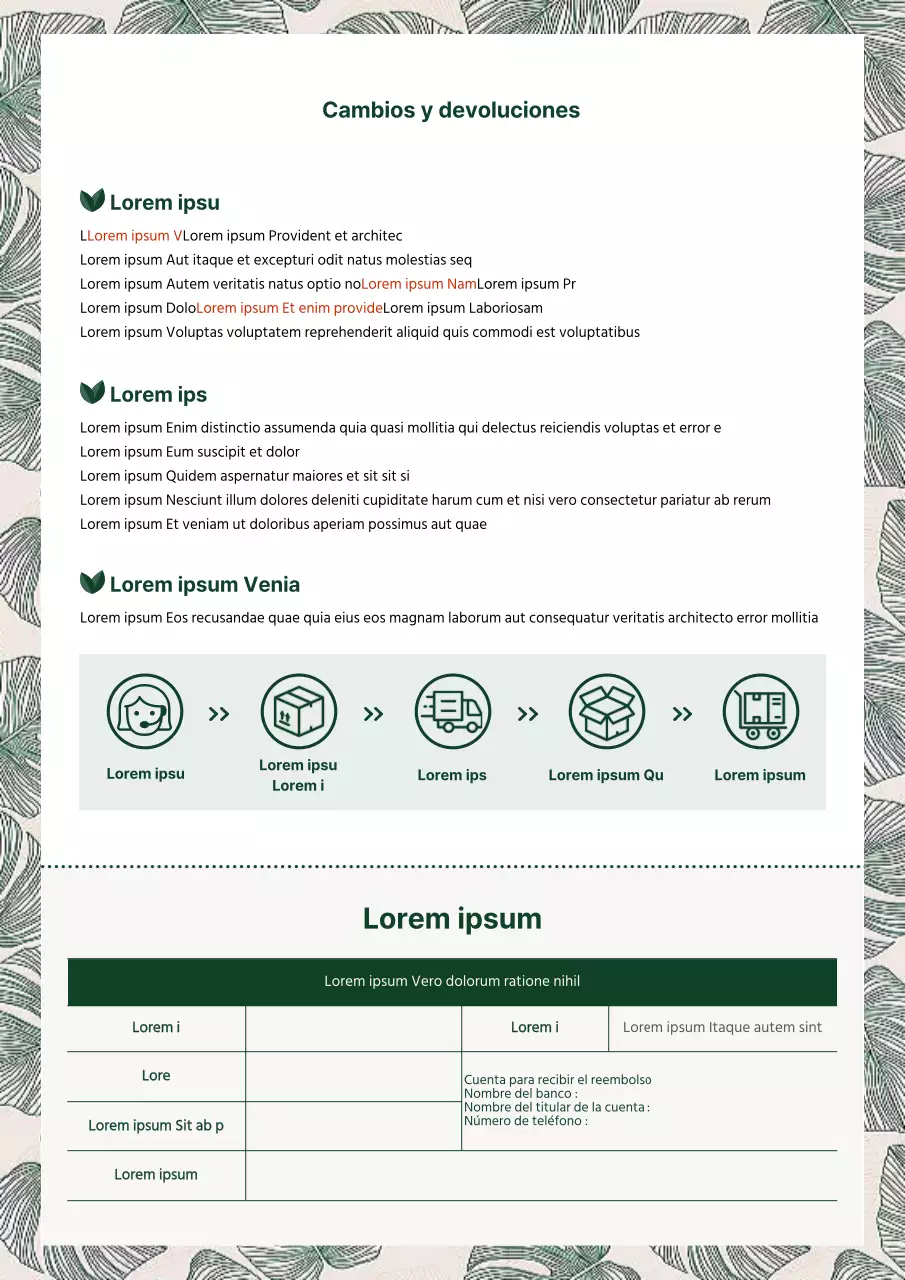 Formulario de devolución de cambio verde con fondo de hojas de planta
