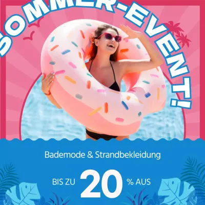 Sparen Sie bei sommerlicher Strandmode, hervorgehoben durch rosa und blaue Fotos