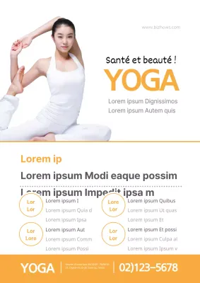 Promotion d'une école de yoga avec des mots-clés orange et blancs dans le domaine de la santé et de la beauté