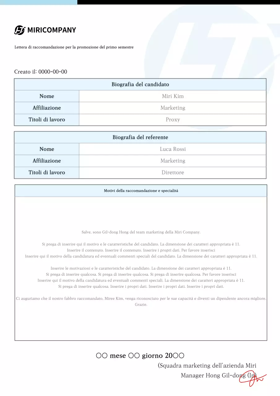Modello di documento di raccomandazione per la promozione in azzurro