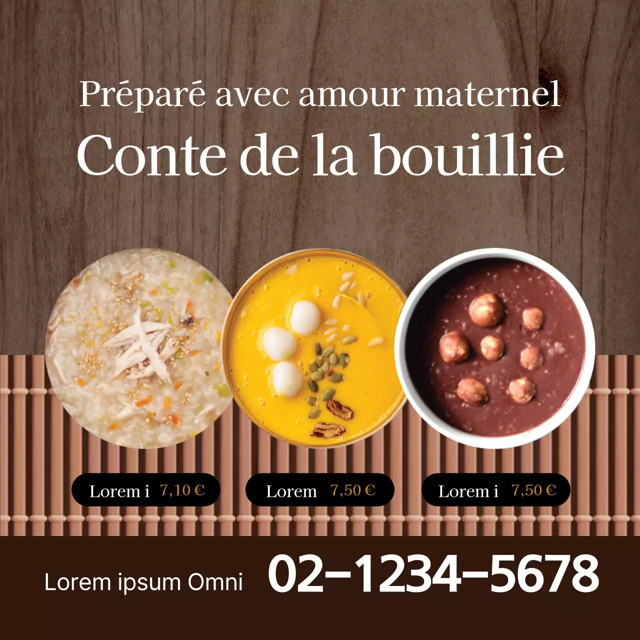 Etiquette de menu de porridge de restaurant avec accent photo marron