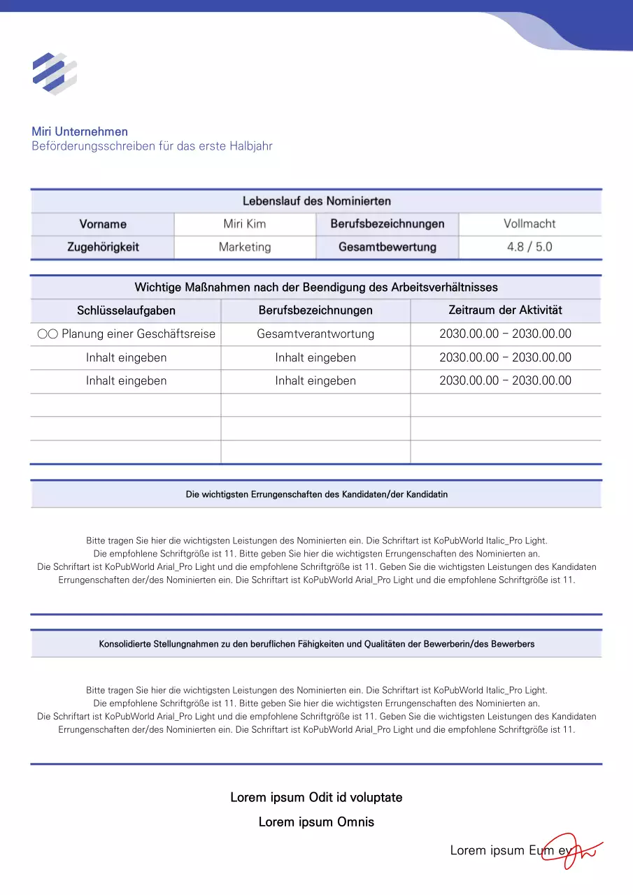 Formatierung eines Empfehlungsschreibens für eine Beförderung in BlueCollar