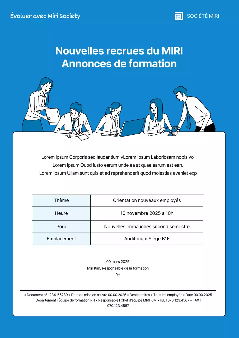Annonce de formation des nouveaux embauchés illustrée en bleu