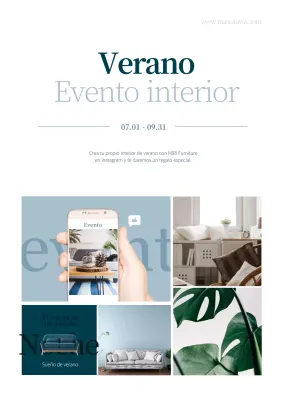 Moderno cartel promocional de un evento veraniego de interior en blanco