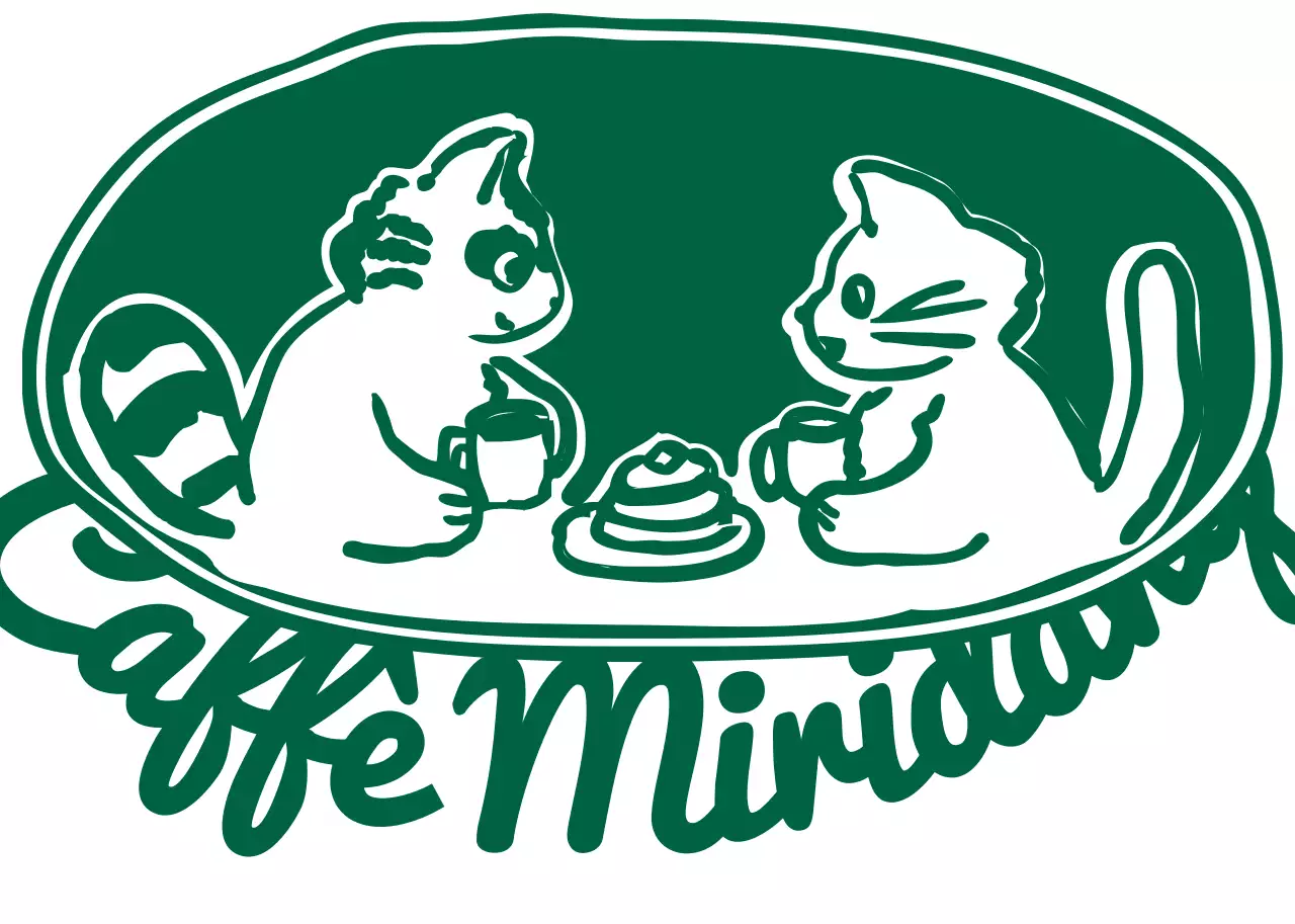 Scrittura verde e simpatico logo del caffè illustrato