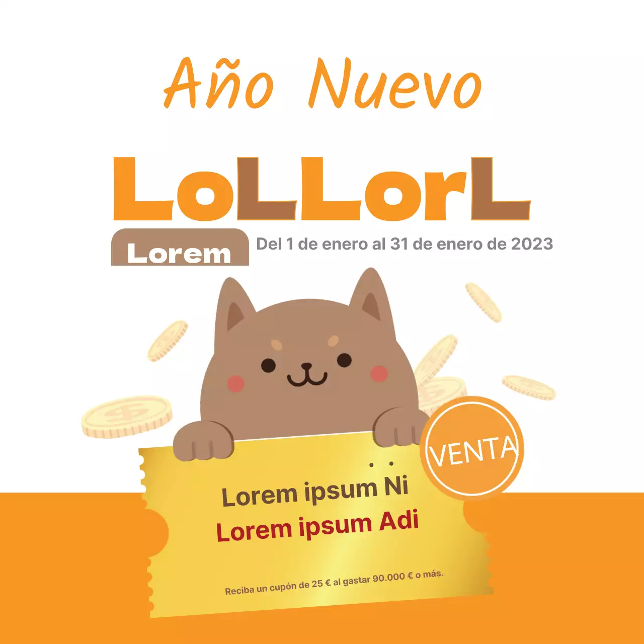 Bonita venta de Año Nuevo con una ilustración de un cachorro naranja