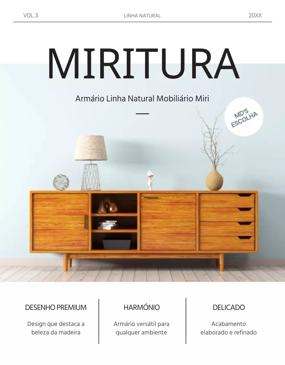 Conceito de revista em branco e azul claro para promover o mobiliário de madeira maciça