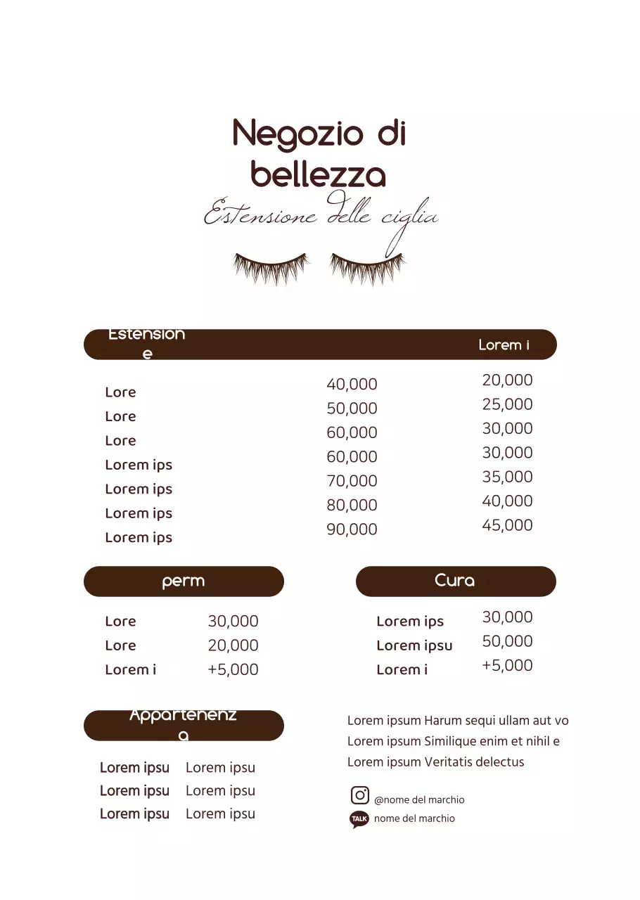 Il menu di Brown's Basic Style Eyelensions.