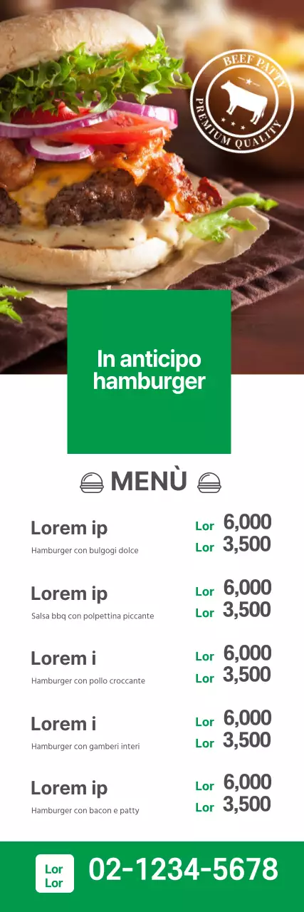 La foto verde mette in evidenza il menu degli hamburger del ristorante pulitoLa foto verde mette in evidenza il menu degli hamburger del ristorante pulito