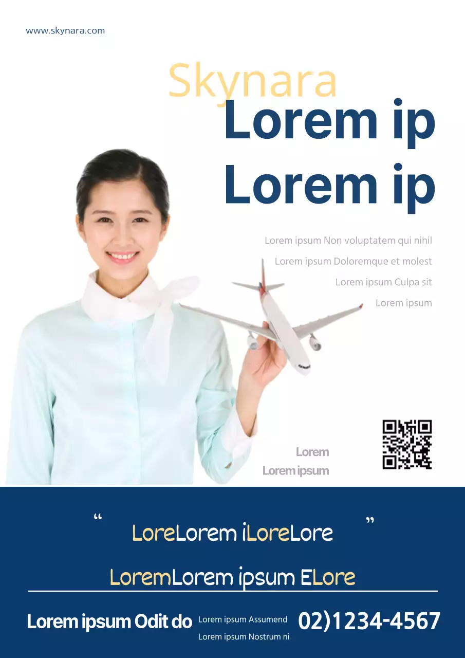 Promover a escola de assistentes de bordo com uma imagem de uma hospedeira de azul