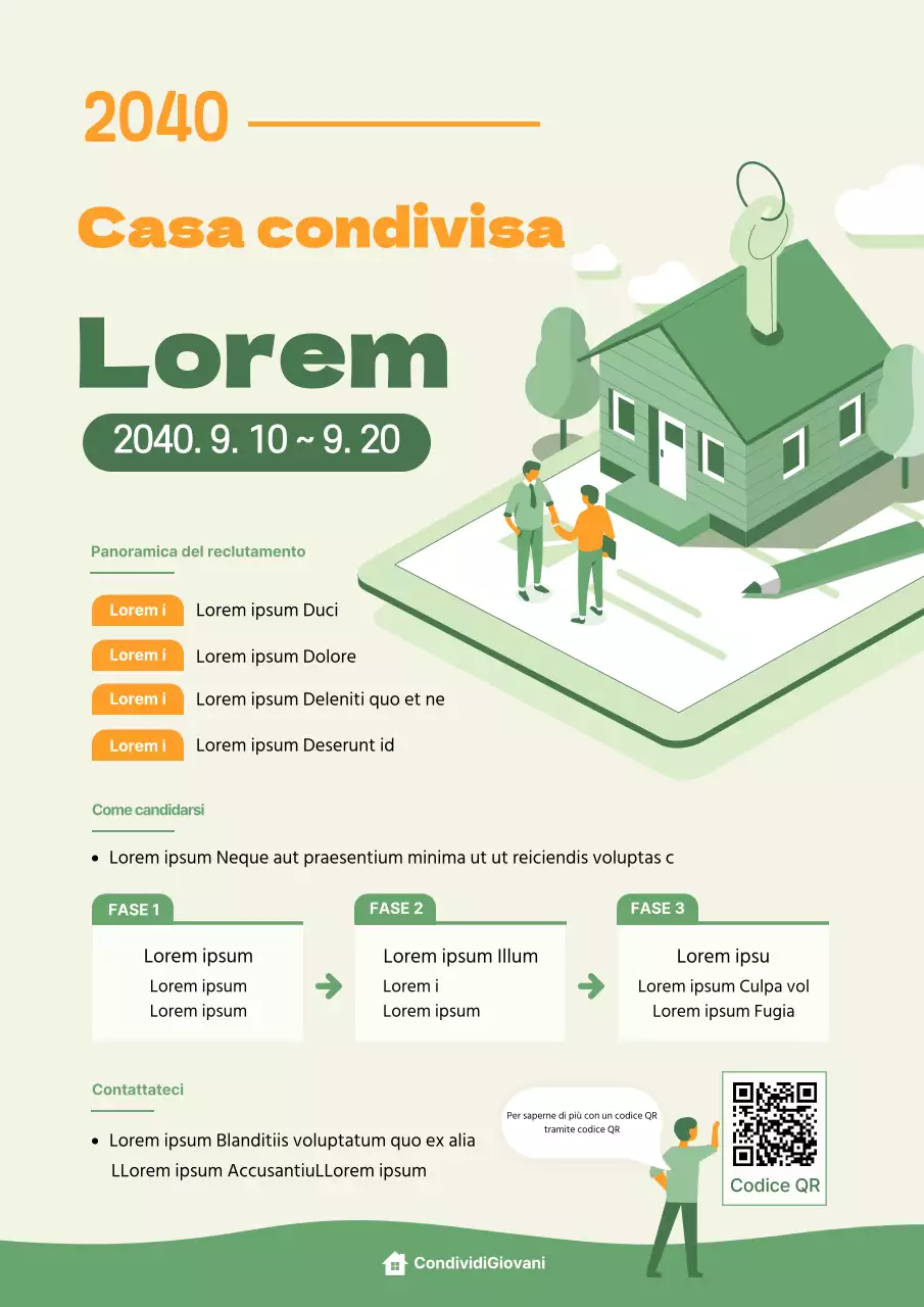 business coworking space illustrazione arancione verde proposta share house inquilino reclutamento web poster