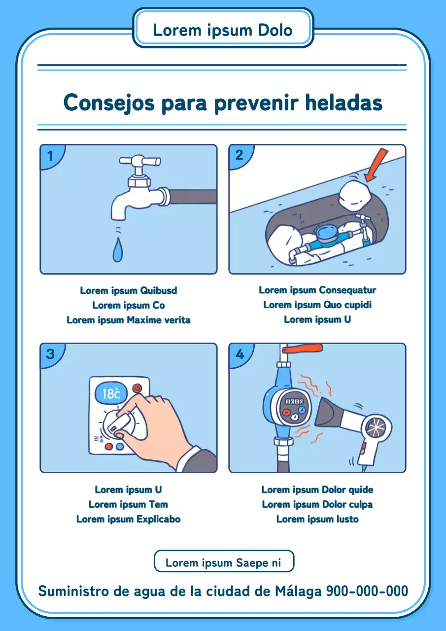 Ilustración de las instrucciones de prevención de la congelación del agua en azul claro