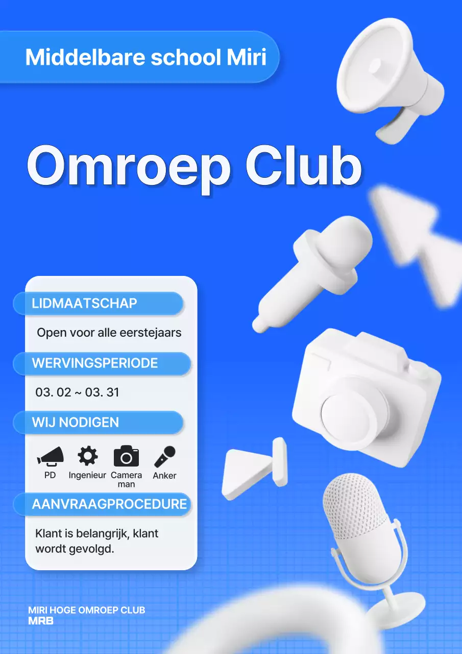 Werving van nieuwe leden voor een omroepclub op een middelbare school met strakke tekst in blauw en wit.