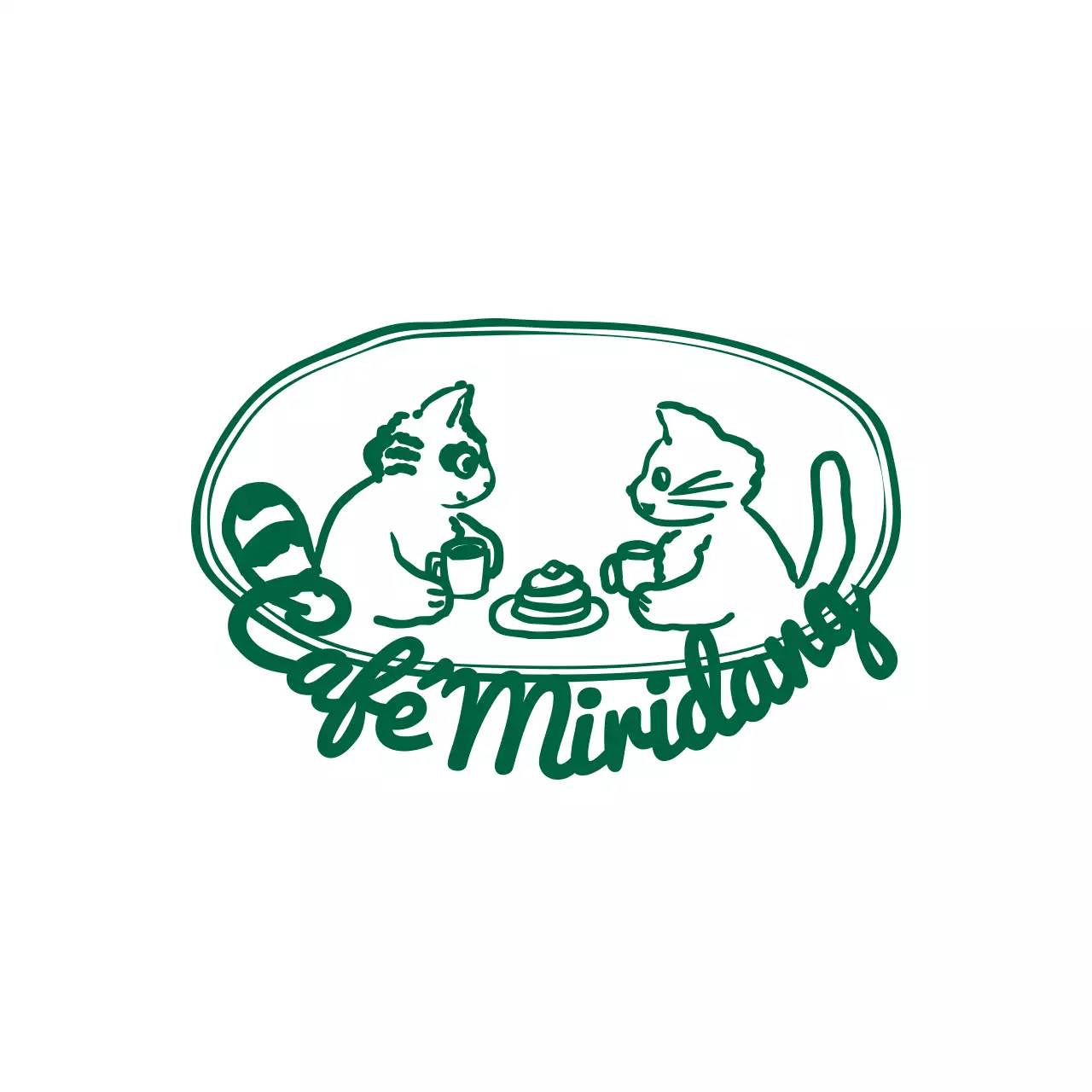 Logótipo de ilustração de uma hora do chá de guaxinim e gato em verde