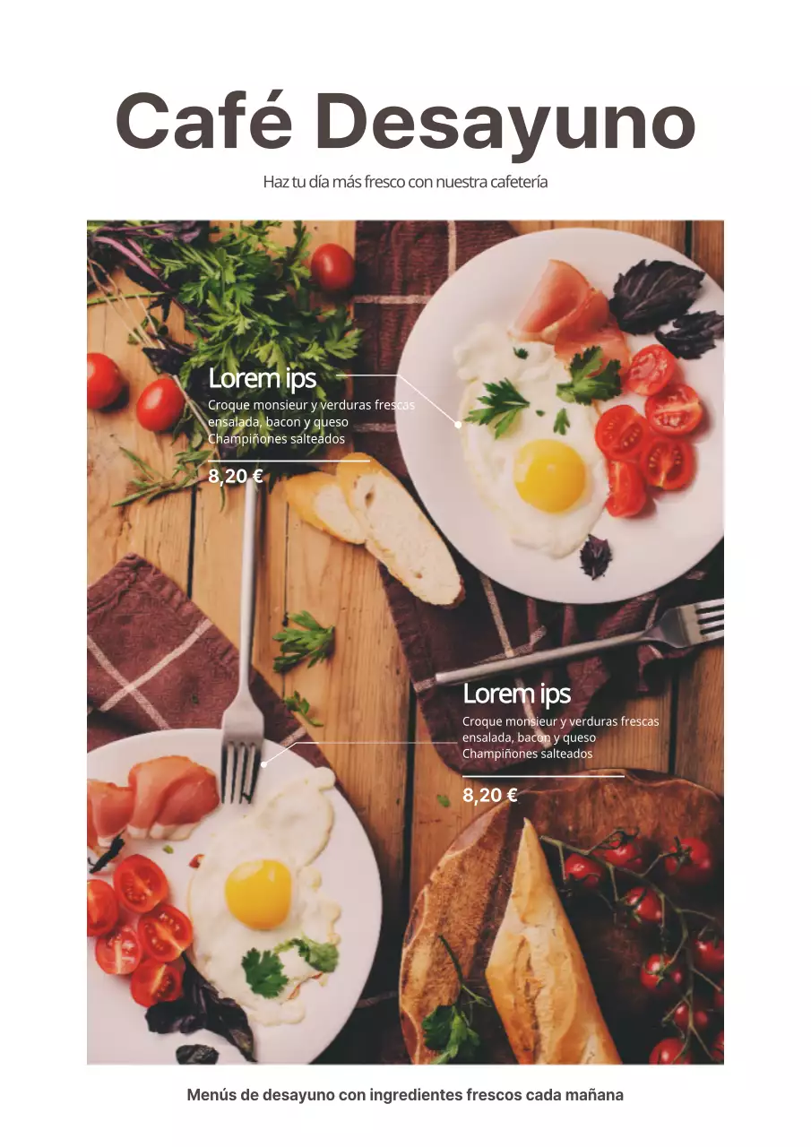 Promociona un menú de cafetería con una foto blanca de menú de brunch
