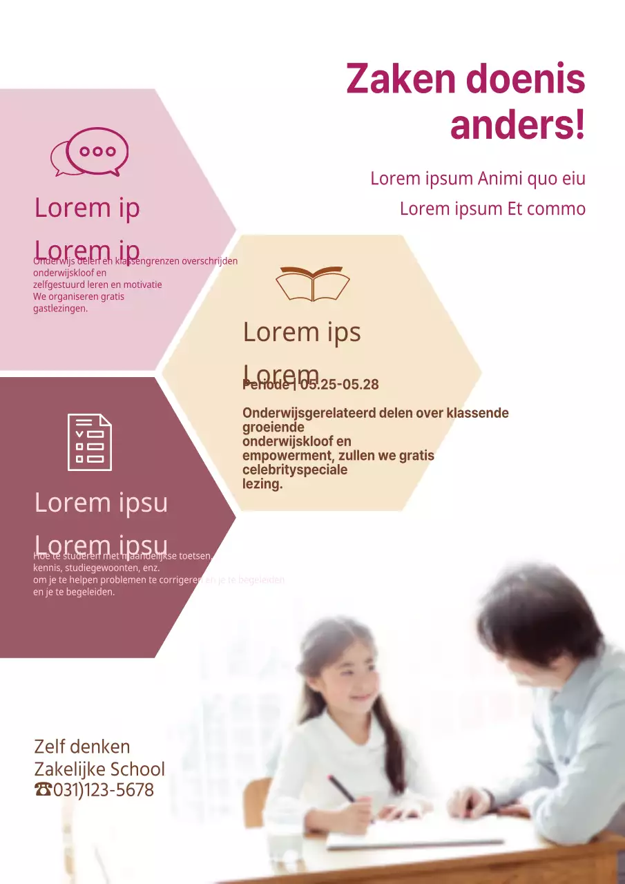 Promoot een wiskundeschool met een foto van een kind dat roze les krijgt.