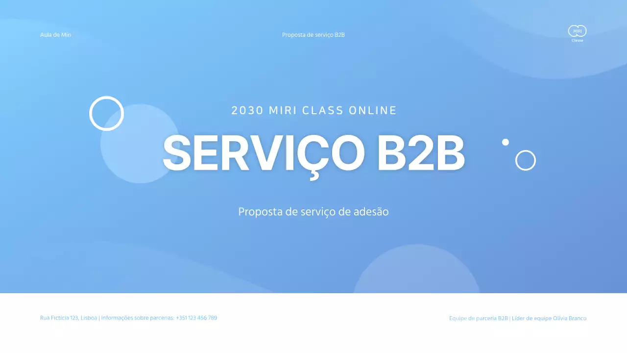 Apresentação da proposta de serviços às empresas com um esquema de cores azul claro