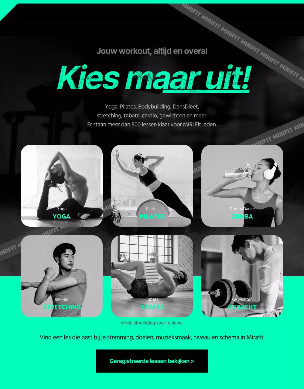 Sportieve zwarte en mintkleurige app voor thuistraining