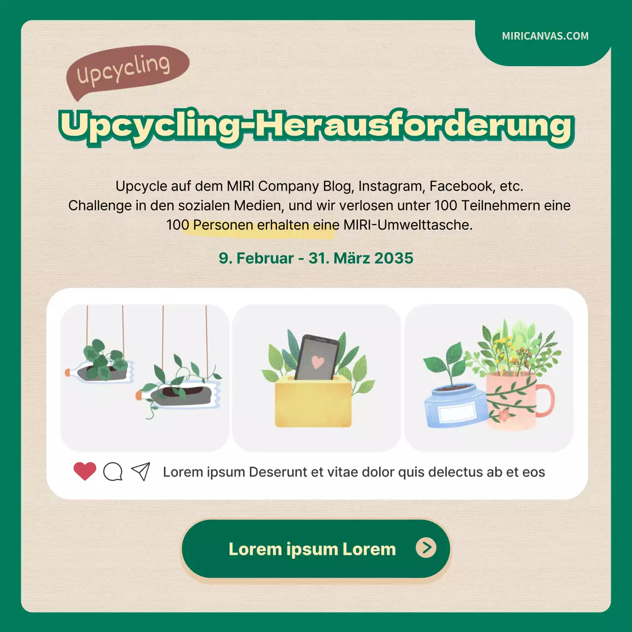 Upcycling-Herausforderung mit grünen und beigen Illustrationen CardNews