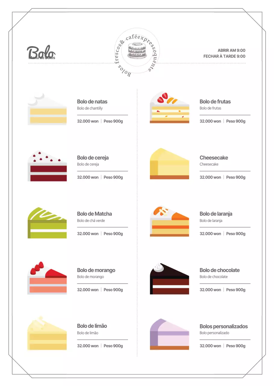 Ilustração de bolo simples a preto e branco e instruções de menu