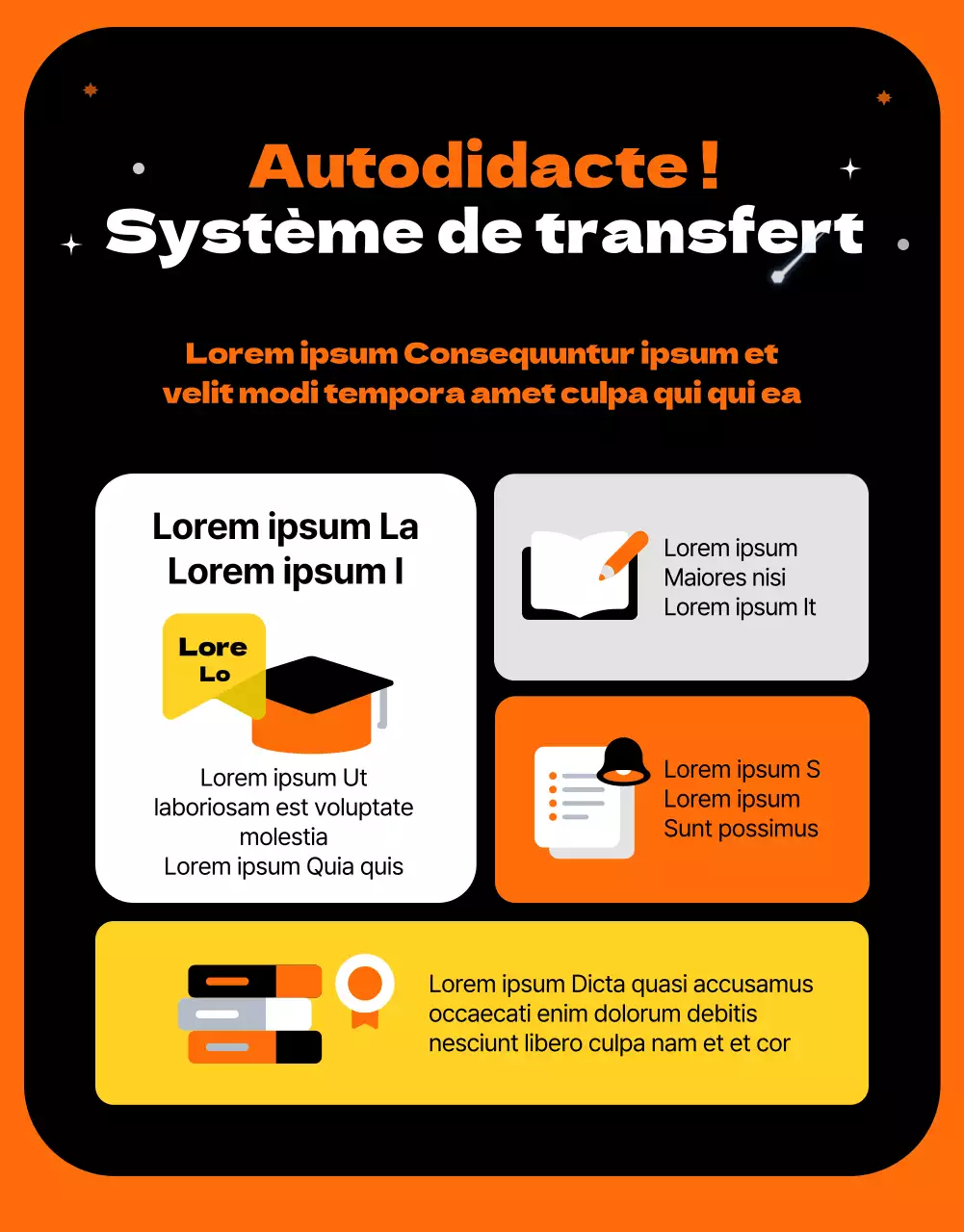 Un concept d'espace extra-atmosphérique avec des accents d'orange introduisant une école de transfert unique et amusante.