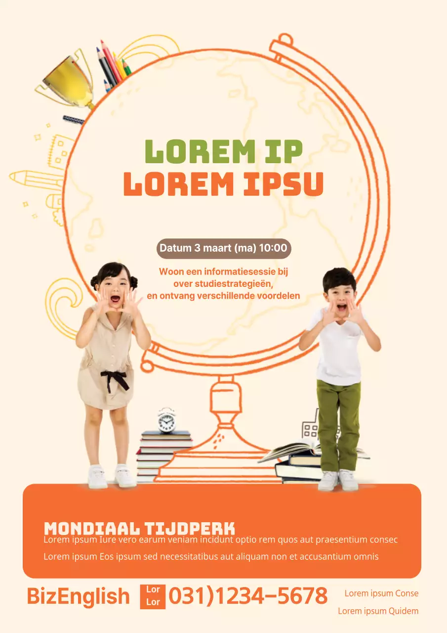 Leuke oranje flyer voor een Engelse taalschool