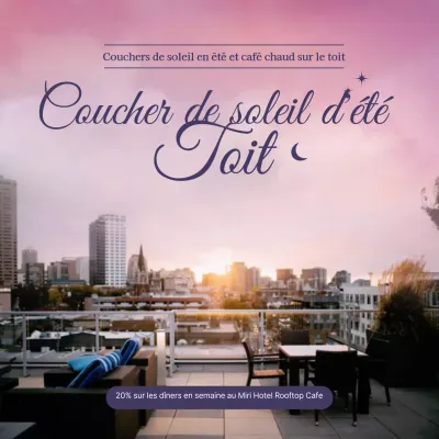 Emoji de l'événement de réduction du café sur le toit avec un coucher de soleil d'été violet en arrière-plan de la photo