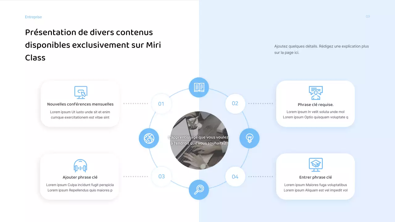 Présentation d'une proposition de services commerciaux avec une palette de couleurs bleu clair