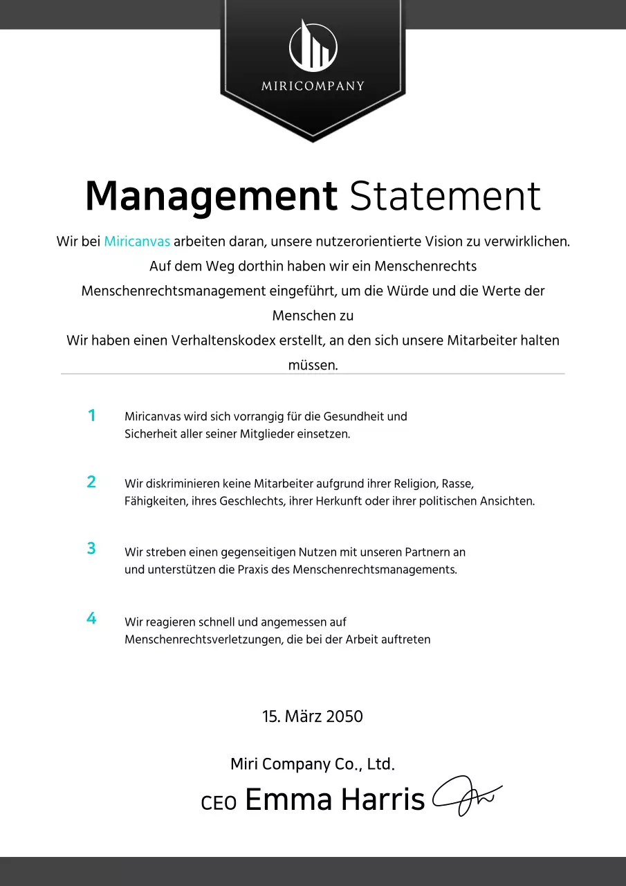 Ein sauberes Geschäftsmanifest in Schwarz und Minze