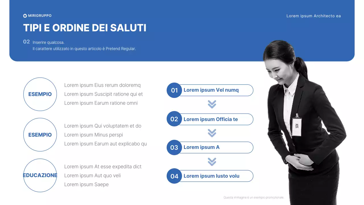 Seminario di formazione sulla gentilezza per il personale dei punti vendita del Gruppo Miri in blu e grigio Manuale di saluto